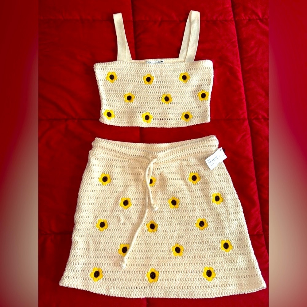 Zara Cream Crochet Casual summer beach Set sunflower beauty size Small outfit - Picture 8 of 8